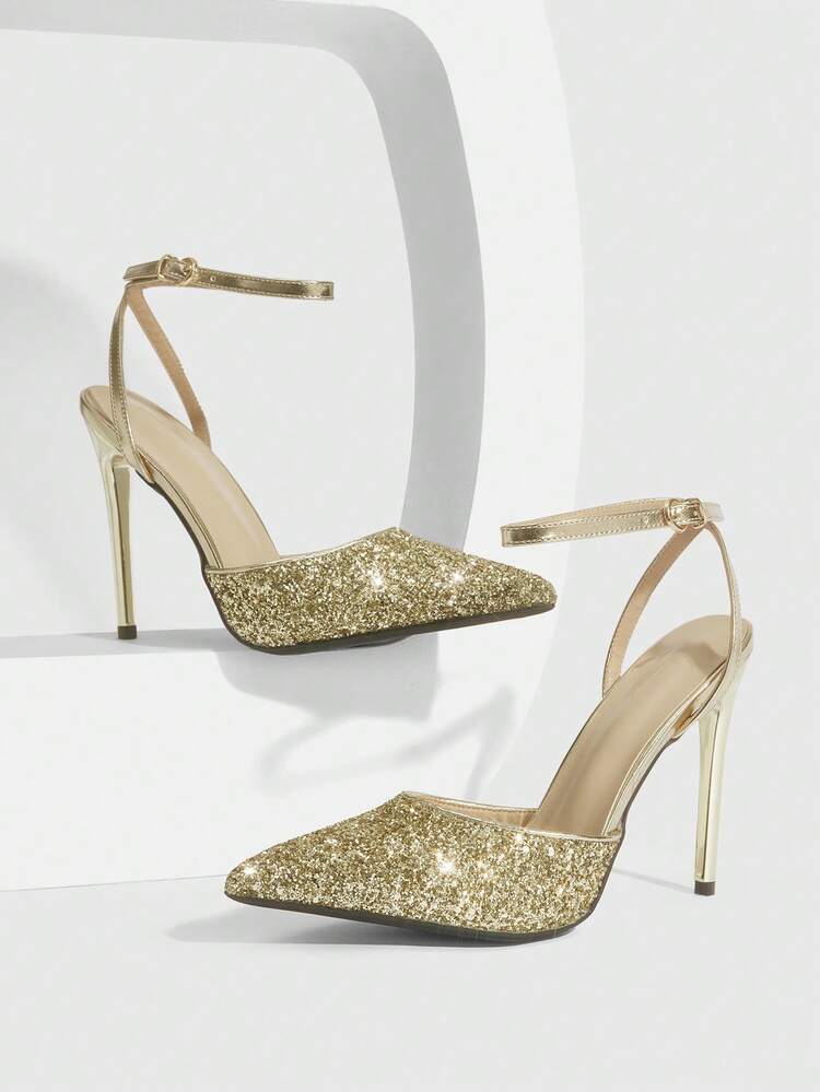 CUCCOO SZL Women Shoes Pointed Thin High Heel Gold Glitter Ankle Strap Slingback Women's Shoes Simple Elegant Fashion Sexy Party Banquet Night Club Women's High Heel Shoes Women's Shoes Spring Shoes
