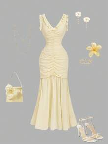 SHEIN MOD Women's Elegant Pale Yellow Chiffon Ruffle V Neck Sleeveless Fitted Ruched Mermaid Maxi Dress - Pale Yellow - View 4