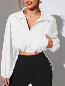 SHEIN Dewbera Áo khoác thể thao dệt kim màu trơn dáng casual có dây rút ở gấu áo - trắng - Xem 3
