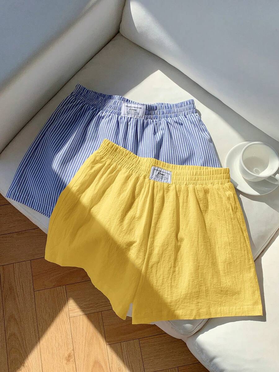 Comfortcana 女士夏季休闲宽松短裤两件套，包括亚麻蝴蝶结条纹短裤和米色抽绳裹身短裤，适合海滩度假，超短款。 - 彩色 - 查看 1