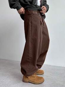 DAZY Jeans de hombre de color camello sólido con aspecto vintage lavado, otoño - Marrón - Ver 4
