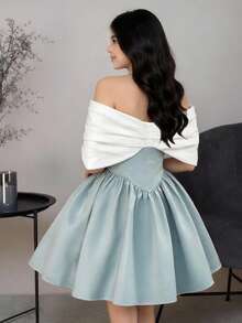 Girlism Vestido de cóctel con hombros descubiertos, lazo y bloqueo de color azul y blanco para adolescentes, primavera/verano - Azul y blanco - Ver 1