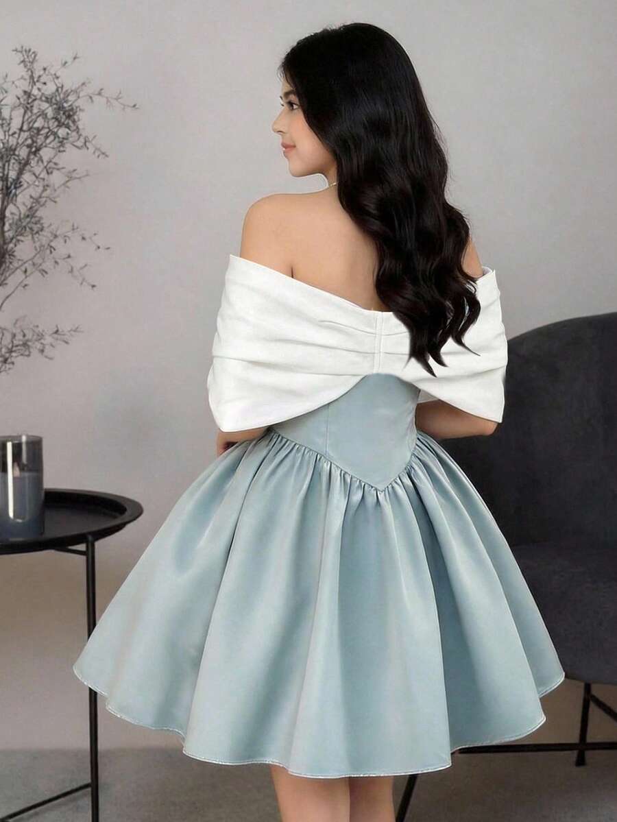 Girlism Vestido de cóctel con hombros descubiertos, lazo y bloqueo de color azul y blanco para adolescentes, primavera/verano - Azul y blanco - Ver 1
