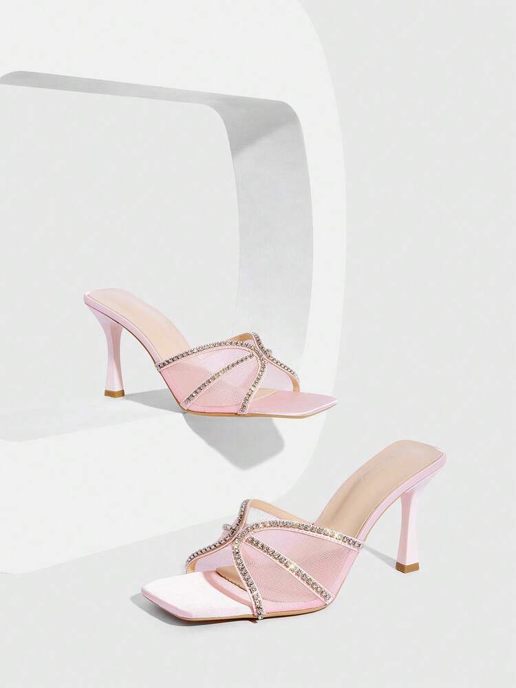 CUCCOO SZL Women's Fashion Square Toe Thin High Heel Pink Mesh Rhinestone Chain Open Toe High Heel Sandals, One-Piece Slip-On Sandals, Stylish Glamorous Sexy Party Sandals Spring Shoes