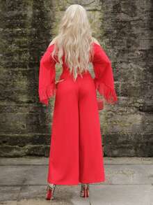 Elenary Edit 2025 Autumn And Winter New Elegant Commuter Solid Color Fit Bright Red Cross Neckline & Tassel Long Sleeve Women Jumpsuit, Suitable For Parties And Daily Outings,Country Concert Outfit,Halloween,Christmas, Night Out,Wedding Guest Dress,Birthday Dress,Brunch Outfits For Women,Daily Outings -A - Red - View 2