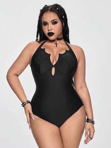 ROMWE 2026 New Plus Size One-Piece Gothic Style Steel Bra Sexy Swimsuit With Adjustable Straps, Summer - Black - View 1