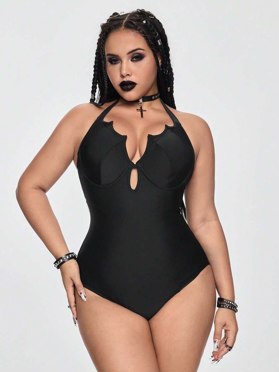ROMWE 2026 New Plus Size One-Piece Gothic Style Steel Bra Sexy Swimsuit With Adjustable Straps, Summer - Black - View 1