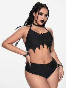ROMWE Goth 大码哥特蝙蝠图案可调节吊带比基尼套装 - 黑色 - 查看 5