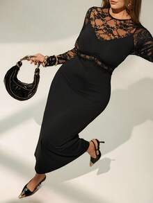 Auralis Plus Size Elegant Black Autumn Lace Patchwork Midi Dress For Women,Formal Evening Ceremony Long Sleeve Solid Color See Through Wedding Dress - Black - View 5