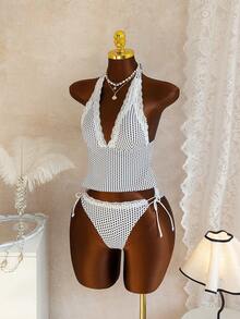 Swim Mod 女士沙滩音乐波点蕾丝边系带吊带泳衣套装，可爱风格，春夏款 - 彩色 - 查看 3