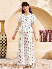 Tween Girl Floral Print Sleeveless Top And Straight Leg Pants Set, Elegant - Beige - View 4