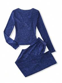 Conjunto de pijama de top de manga larga con cuello en V y pantalones con estampado de teñido anudado para mujer - Azul - Ver 2