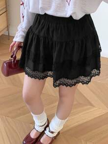 DAZY Damen Elastischer Taillenbund Spitze Patchwork Rock - Schwarz - Übersicht 7