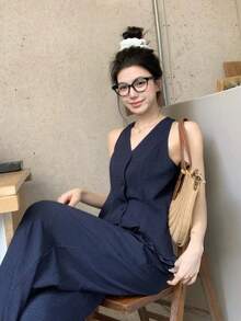 DAZY 春夏修身荷叶边无袖背心开衫上衣搭配直筒休闲裤套装，优雅通勤、浪漫约会、海滩度假皆宜 - 藏蓝色 - 查看 2