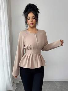 Elenzga Blusa plisada elegante para oficina, trabajo y uso casual - Caqui - Ver 5