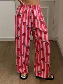 DAZY 红色条纹苹果印花宽松女士睡裤 - 紅色 - 查看 4