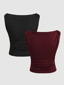 SHEIN 1 Set Teen Girl Casual Oblique Shoulder Top (Black) + Burgundy Camisole - Multicolor - View 2