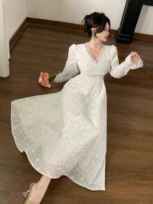 DAZY Women's Elegant Lace Patchwork V-Neck Puff Sleeve Dress, Spring/Summer - Beige - View 1