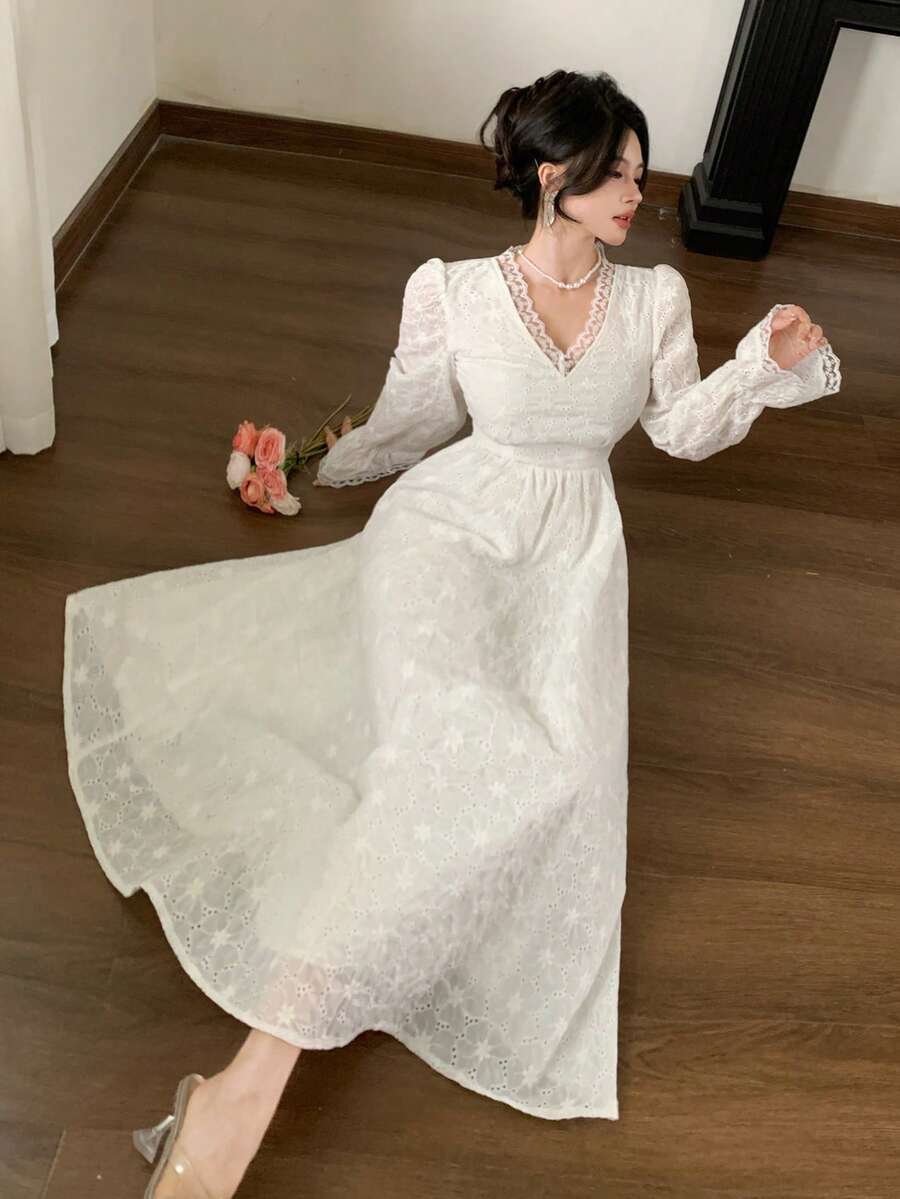 DAZY Women's Elegant Lace Patchwork V-Neck Puff Sleeve Dress, Spring/Summer - Beige - View 1