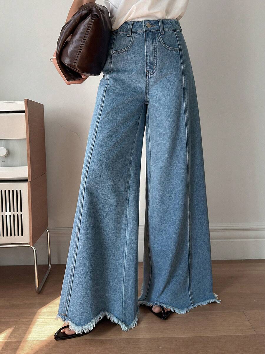 DAZY High Waist Raw Trim Wide Leg Jeans - Medium Wash - View 1
