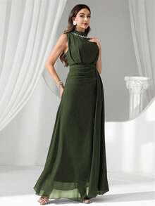 Coutiva Đầm dạ hội sang trọng đính sequin và ngọc trai, kiểu dáng cao cấp, mang đến vẻ thanh lịch. - xanh quân đội - Xem 7