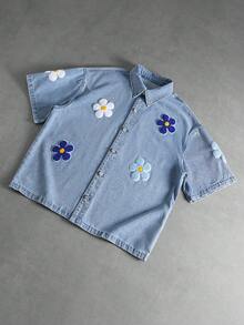 ROMWE MEN Street Life Camisa vaquera de hombre con cuello vuelto, decorada con botones y decoración floral 3D - Azul - Ver 6
