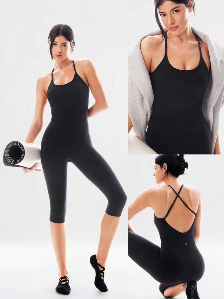 17" FeatherFit™ Rise And Shine Buttery-Soft Sweat-Wicking Crisscross Open Back Tummy Control Removable Cups Bodysuit Low Impact Yoga Pilates Studio Daily Wear