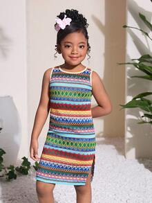 年轻女孩休闲度假时尚条纹连衣裙 - 綠色 - 查看 5