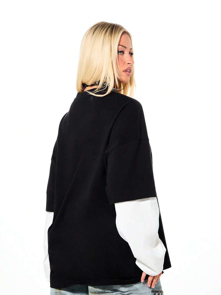 SUMWON WOMEN Oversized Graphic T Shirt With Long Sleeves