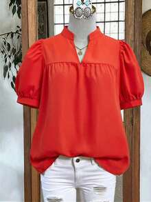 Linhara Women's Spring/Summer Stand Collar Puff Sleeve Elegant Short Sleeve Blouse, Suitable For Dates, Commuting, Hanging Out With Friends Women's Tops And Blouses Blouse For Women Casual Elegant Latest Tops For Women New Arrivals Women's Tops For Summer Blouse For Women - Burnt Orange - View 3