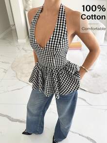 Siren Gaze Áo nữ Valentine cho nữ, Áo nữ mùa hè, Áo nữ in họa tiết kẻ caro, cổ yếm, viền bèo, hở lưng, kiểu dáng thường ngày. - Đen và trắng - Xem 6