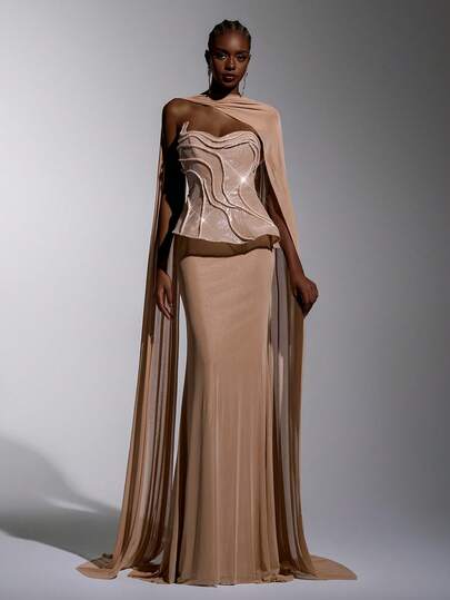 Elitara Falda de sirena elástica de punto con parches de lentejuelas elegante y lujosa, apropiada para boda, fiesta, vacaciones, baile de graduación, vestido de noche