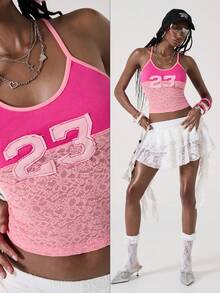 ROMWE Spring/Summer Y2K Style Contrast Lace Graphic Embroidered Camisole Top For Women - Hot Pink - View 12