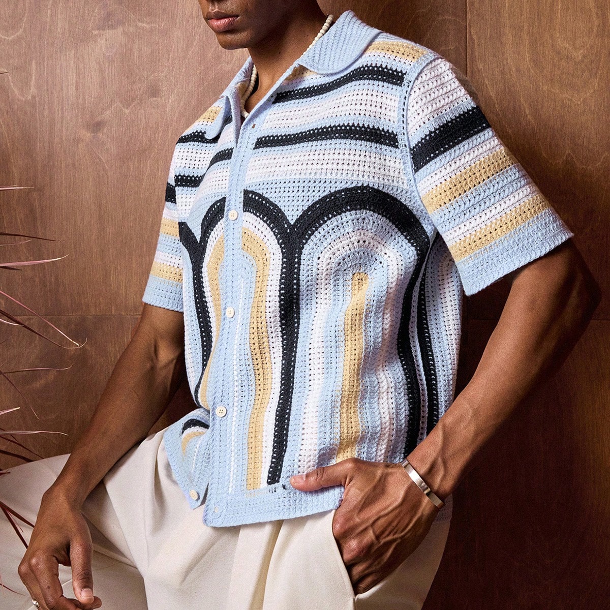 Men's Fitted Turndown Collar Short Sleeve Casual Knit Cardigan, Suitable For Daily Wear Men S Resort Wear Men S Retro Shirts Short Sleeve Zipper Shirt Open Knit Shirt Men Men S Crochet Shirt Summer Sh 