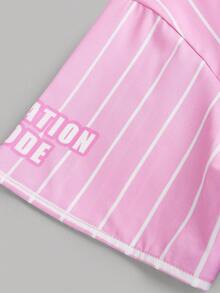 Tween Girl Pink Striped Loose Casual Minimalist Comfortable Versatile Polo Collar Blouse Top - Pink - View 5