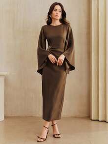 Anewsta Đầm dài tay cổ tròn thắt eo bên hông sang trọng dành cho nữ, chất liệu satin bóng, dáng ôm sát, thích hợp cho mùa xuân/hè. - màu nâu - Xem 4