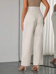 Momance Quần jeans bầu cạp cao dáng suông, đính đá, kiểu dáng thường ngày, phù hợp cho mùa xuân và mùa thu. - Màu be - Xem 2