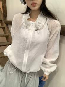 Livesso White High Neck Drawstring Loose Raglan Sleeve Women Casual Jacket, Suitable For Commuting, Office, Holiday, Easter Vacation, Spring & Summer - White - View 4