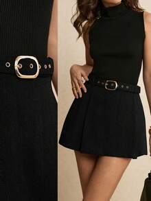 Poéselle Saia feminina minimalista de cor sólida para o verão. - Preto - Ver 7