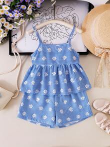 SHEIN Elladie kids 女童蓝色格子雏菊印花吊带背心和短裤套装，清爽舒适的夏季户外活动服装 - 藍色 - 查看 4