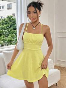 SHEIN EZwear Đầm nữ mùa hè, dây mảnh, hở lưng, dáng chữ A, đầm hè, trang phục mùa hè, đầm màu kem vàng. - Màu vàng - Xem 5