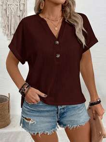 EMERY ROSE Plus Size V-Neck Button Loose Raglan Short Sleeve T-Shirt - Burgundy - View 3
