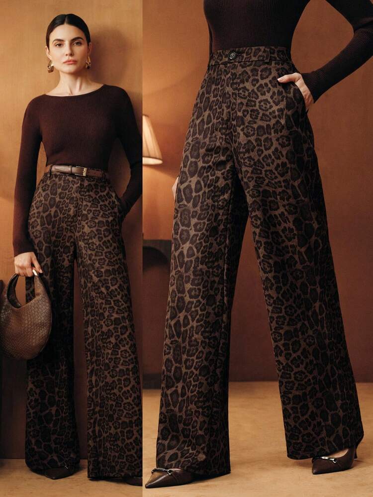 New Fashionable Leopard Print Stretch Straight-Leg Pants For Petite Women