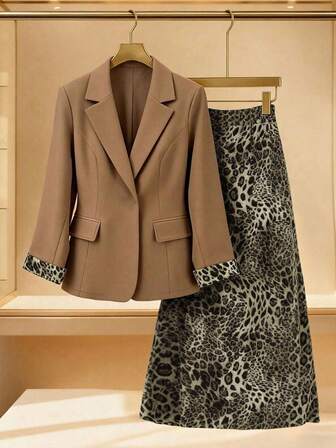 Franclia Plus Size Women Elegant Casual Commuter Autumn/Winter Fitted Slim Solid Color Blazer Jacket & Leopard Print Skirt 2 Pieces Set