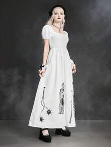 ROMWE Đầm dài in họa tiết búa sao băng, kiếm, dây xích, nĩa theo phong cách Gothic dành cho nữ. - trắng - Xem 7