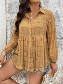 SHEIN VCAY 大码女式条纹长袖单排扣休闲褶皱衬衫 - 卡其色 - 查看 1