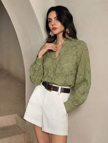 Anewsta 女士优雅高档提花面料衬衫，春季 - 橄欖綠 - 查看 6