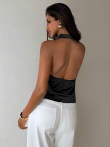 Aloruh 棕色露背优雅上衣，适合派对、通勤和度假穿着。 - 黑色 - 查看 2