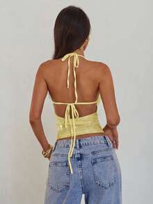 Aloruh 女士优雅性感时尚闪亮亮片露背吊带背心，适合情人节、约会、派对、春夏外出等场合 - 黃色 - 查看 2