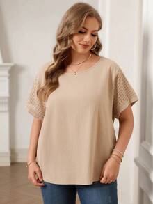 Rosumi 大码女式夏季休闲度假乡村春季纯色卡其色蕾丝拼接圆领短袖衬衫，舒适透气，适合夏季假期、春假、度假、外出等场合，2026新款，简约时尚，日常穿着，休闲度假波西米亚风上衣，休闲上衣，适合夏季、度假、通勤、日常穿着 - 卡其色 - 查看 4